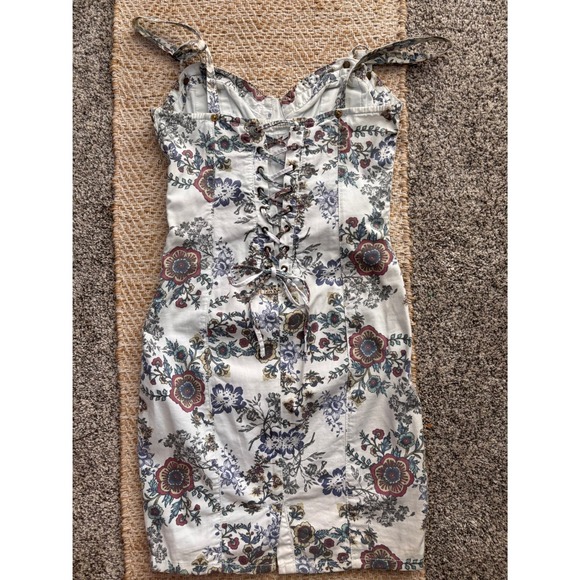 Guess Floral Denim Corset Dress Womens Size 1 White Lace Up Bodycon Mini - Picture 7 of 14